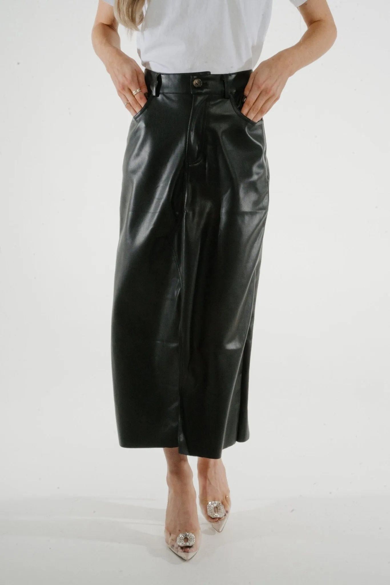 Jane Faux Leather Midi Skirt In Black