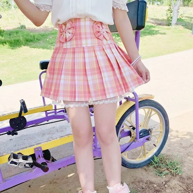 Korean Fashion Statement: Pink Plaid Pleated Short Skirt with Lace & Bow