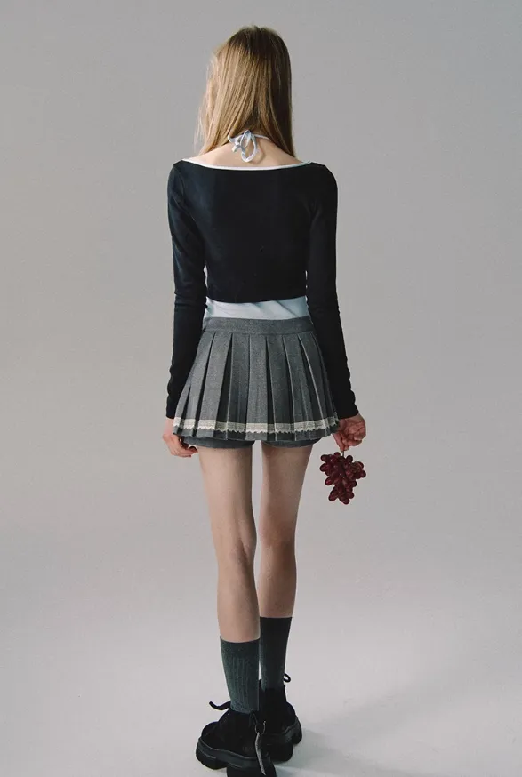 Lace Trim Pleated Skirt