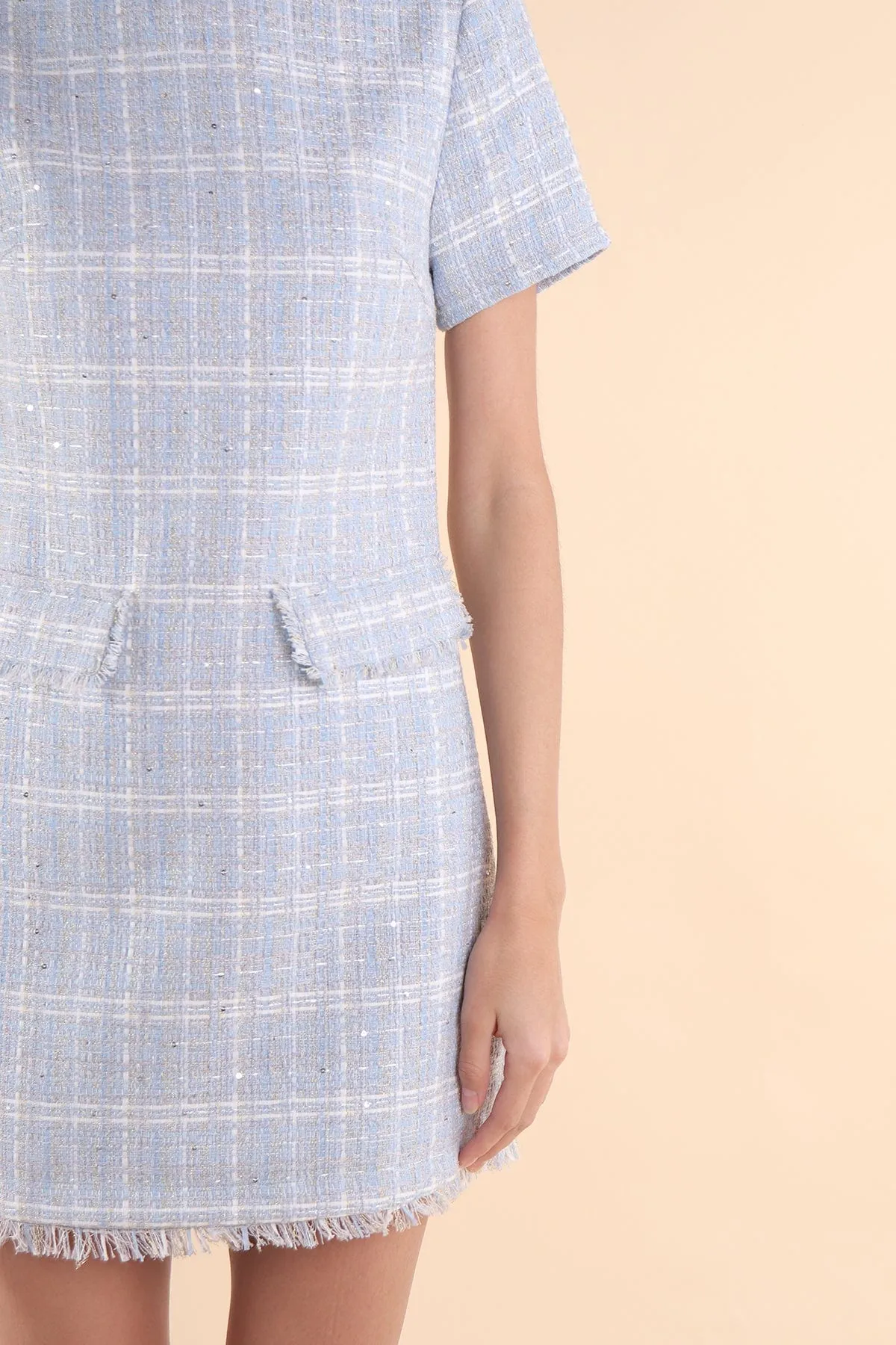 LEIGH TWEED SHIFT DRESS IN SKY