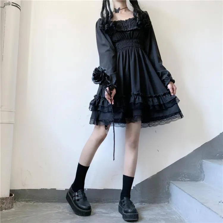 Lolita Gothic Charm: Black Mini High Waist Dress