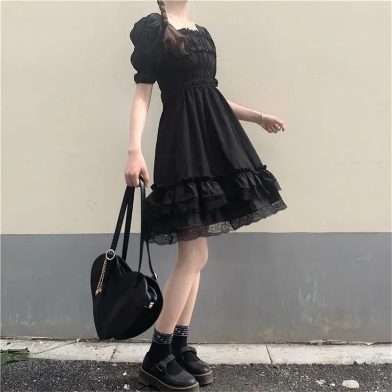 Lolita Gothic Charm: Black Mini High Waist Dress