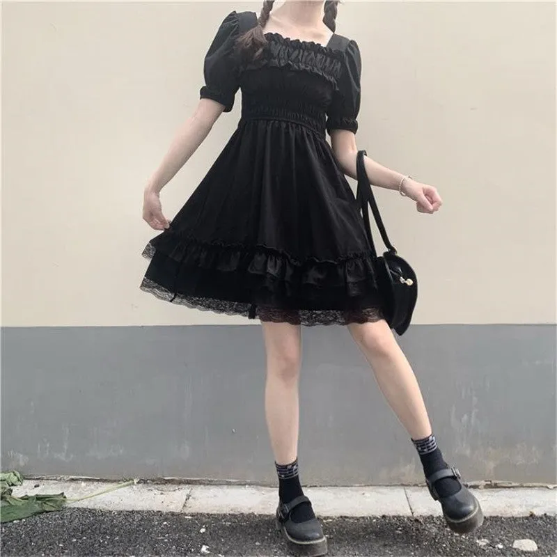 Lolita Gothic Charm: Black Mini High Waist Dress