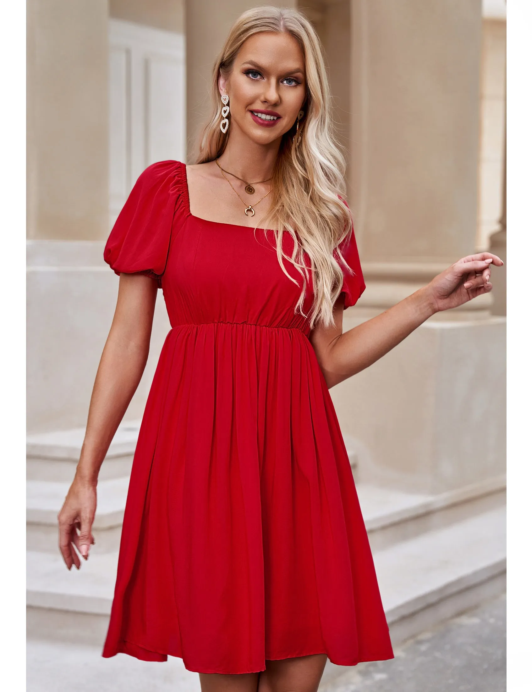 luvamia Summer Dresses for Women Square Neck Off The Shoulder Puff Sleeve A-line Short Flowy Babydoll Dress