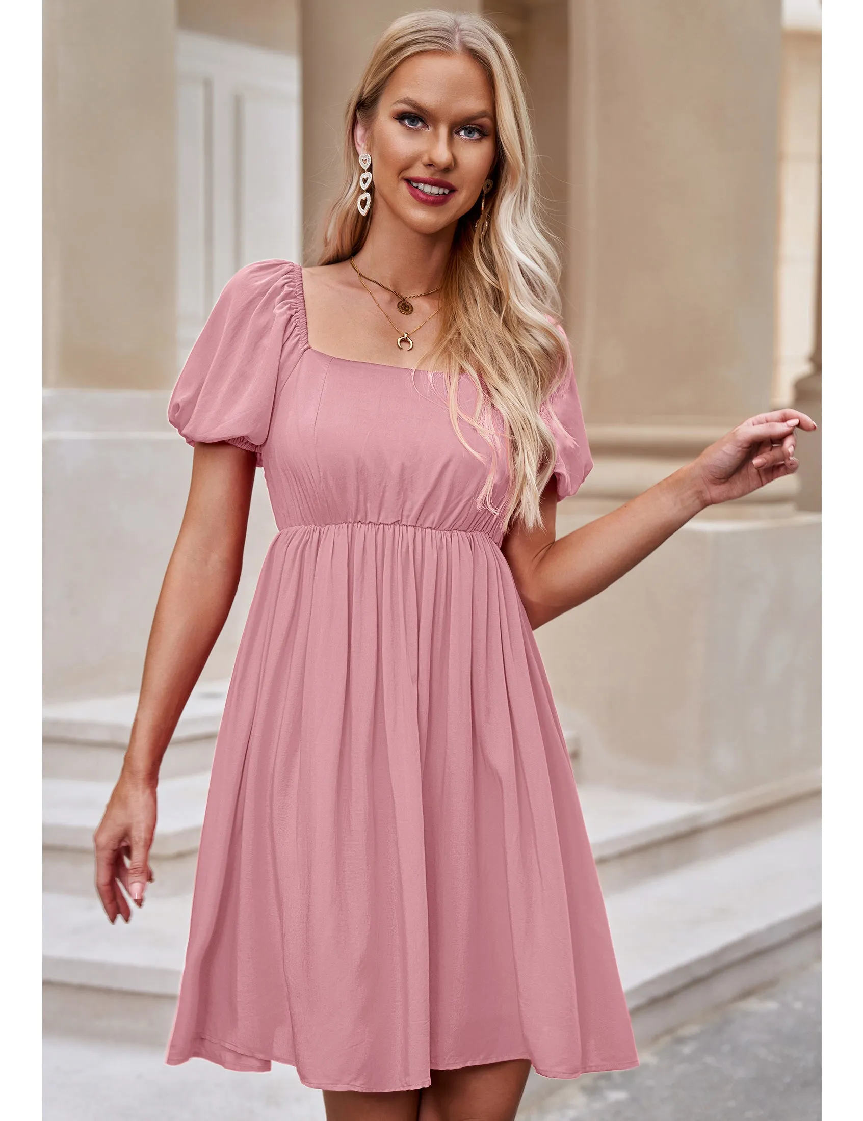 luvamia Summer Dresses for Women Square Neck Off The Shoulder Puff Sleeve A-line Short Flowy Babydoll Dress