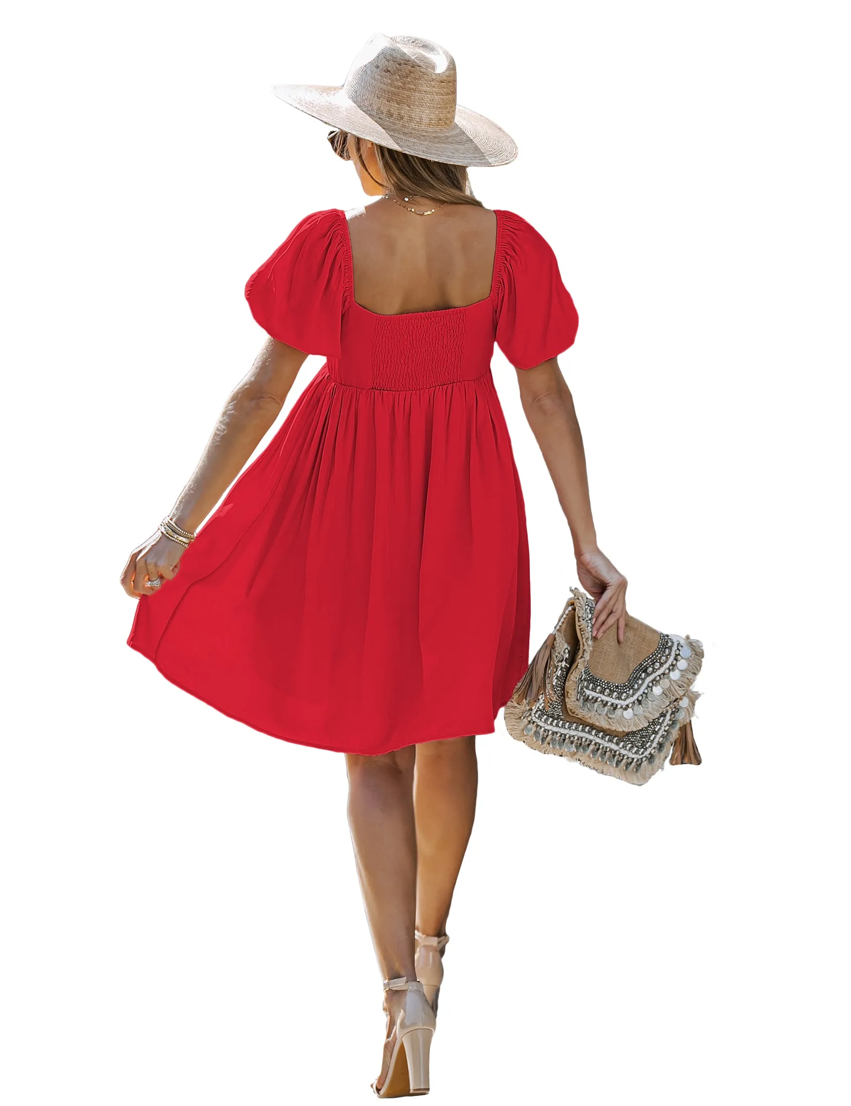 luvamia Summer Dresses for Women Square Neck Off The Shoulder Puff Sleeve A-line Short Flowy Babydoll Dress