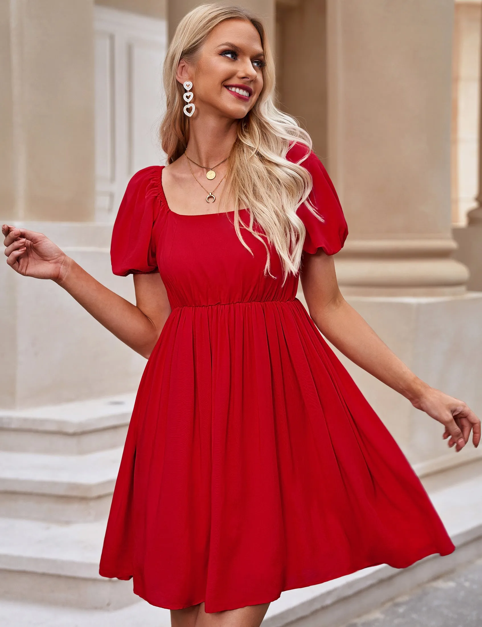 luvamia Summer Dresses for Women Square Neck Off The Shoulder Puff Sleeve A-line Short Flowy Babydoll Dress