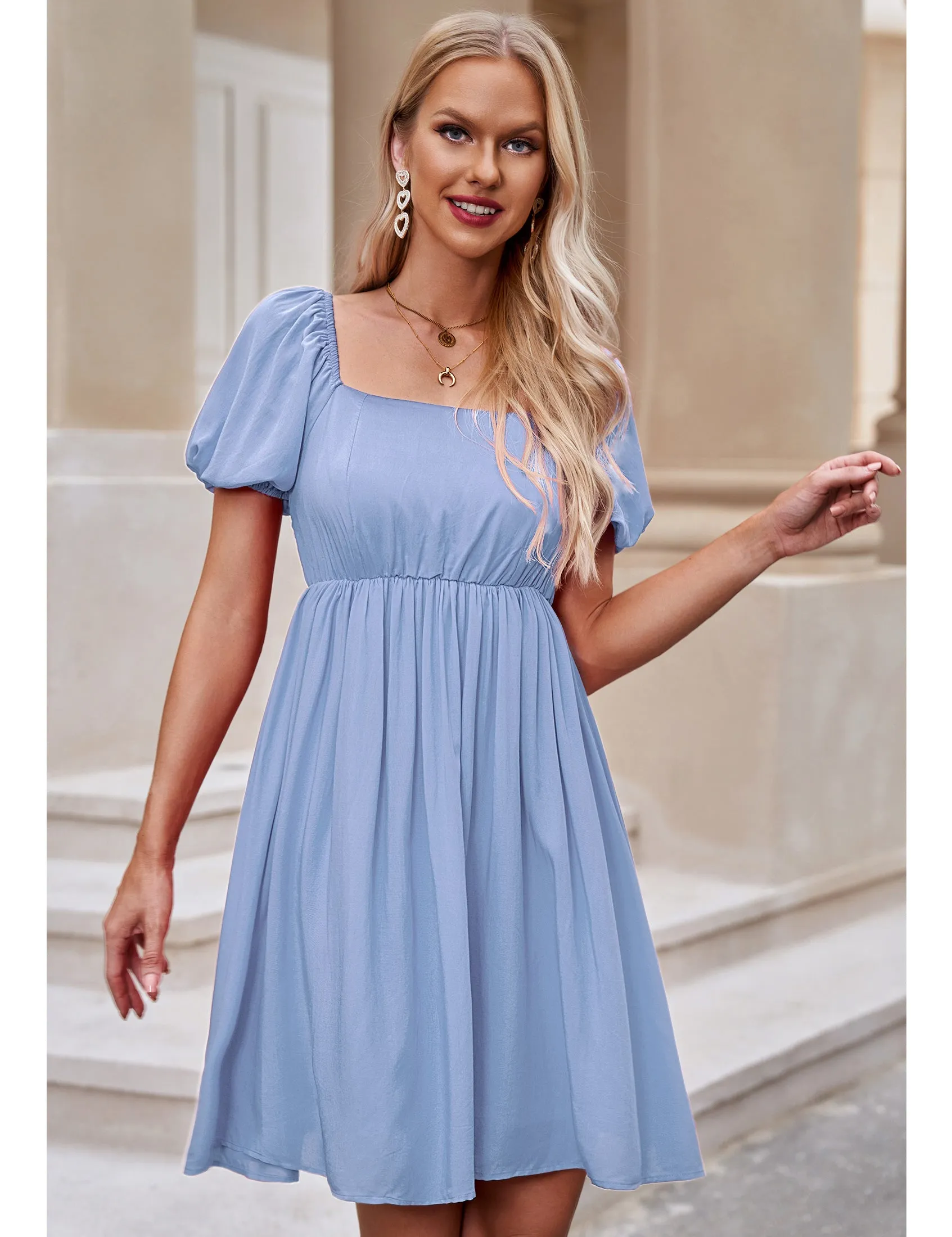 luvamia Summer Dresses for Women Square Neck Off The Shoulder Puff Sleeve A-line Short Flowy Babydoll Dress