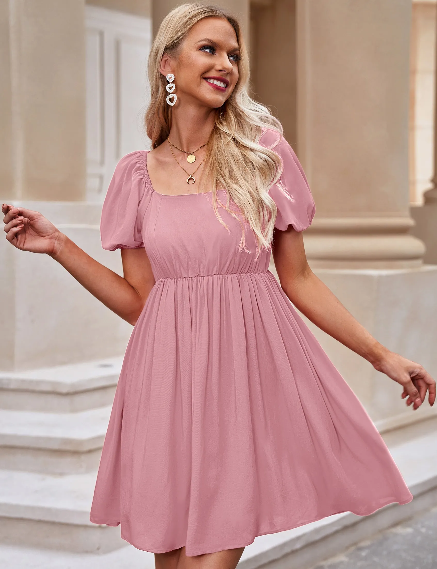 luvamia Summer Dresses for Women Square Neck Off The Shoulder Puff Sleeve A-line Short Flowy Babydoll Dress