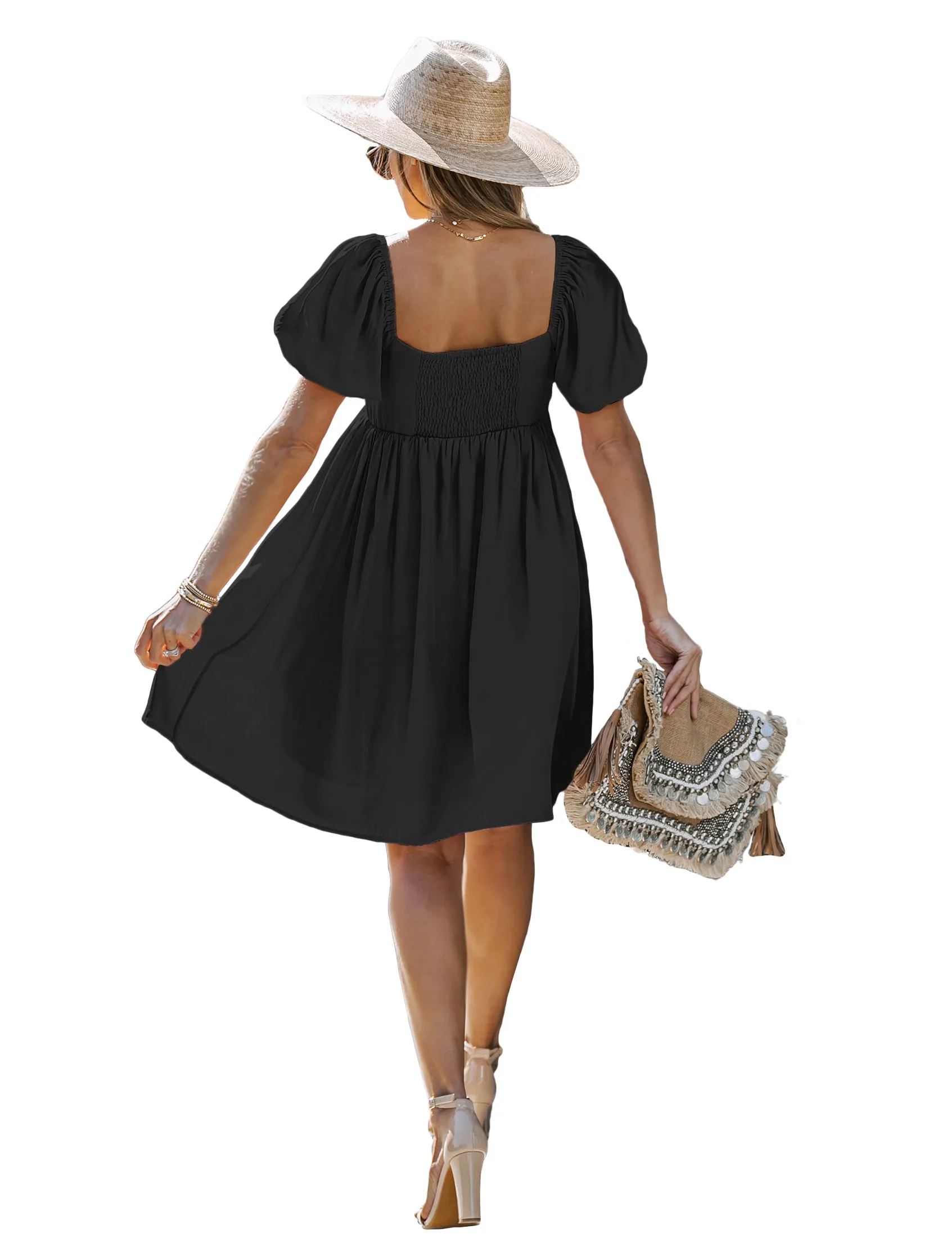 luvamia Summer Dresses for Women Square Neck Off The Shoulder Puff Sleeve A-line Short Flowy Babydoll Dress