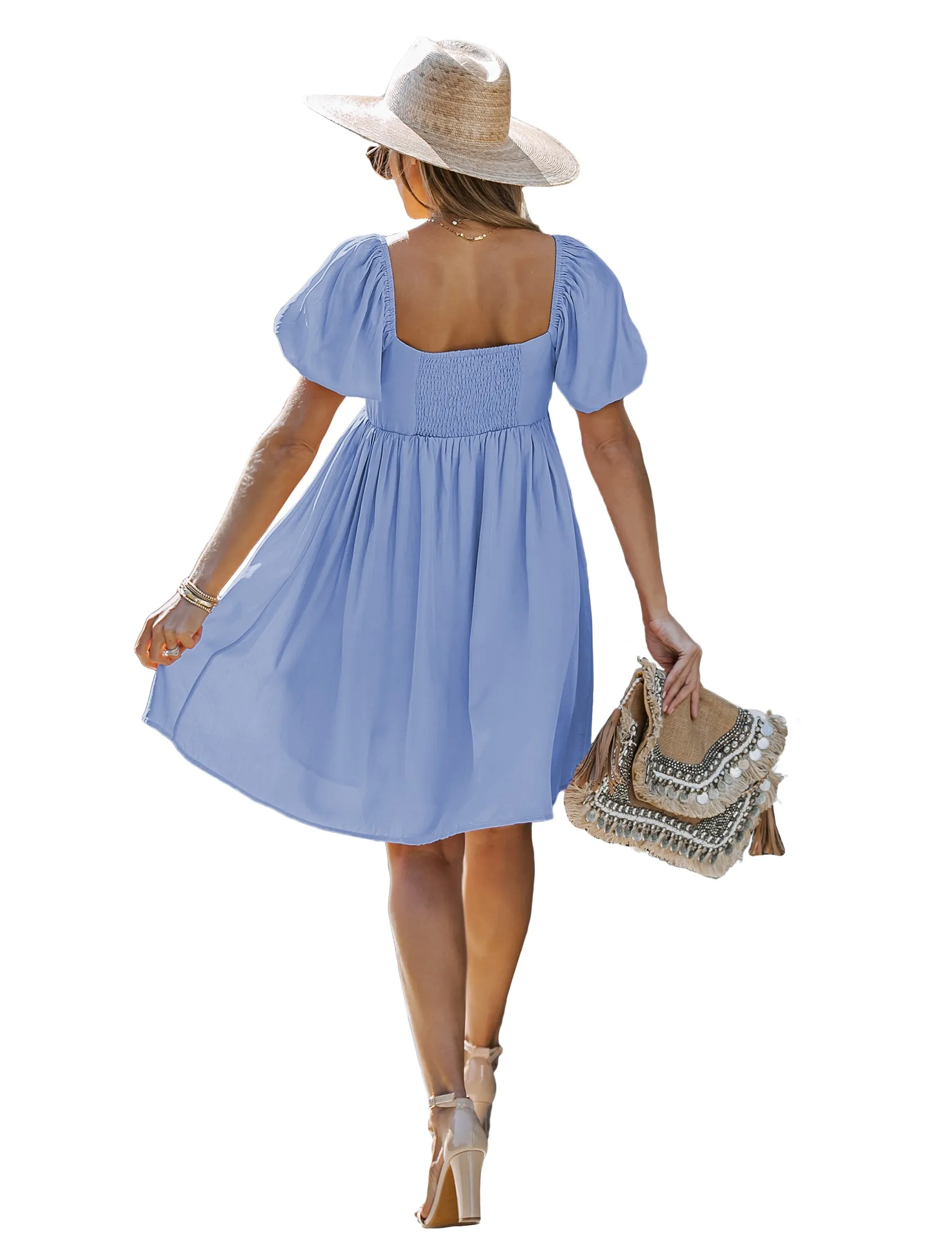 luvamia Summer Dresses for Women Square Neck Off The Shoulder Puff Sleeve A-line Short Flowy Babydoll Dress