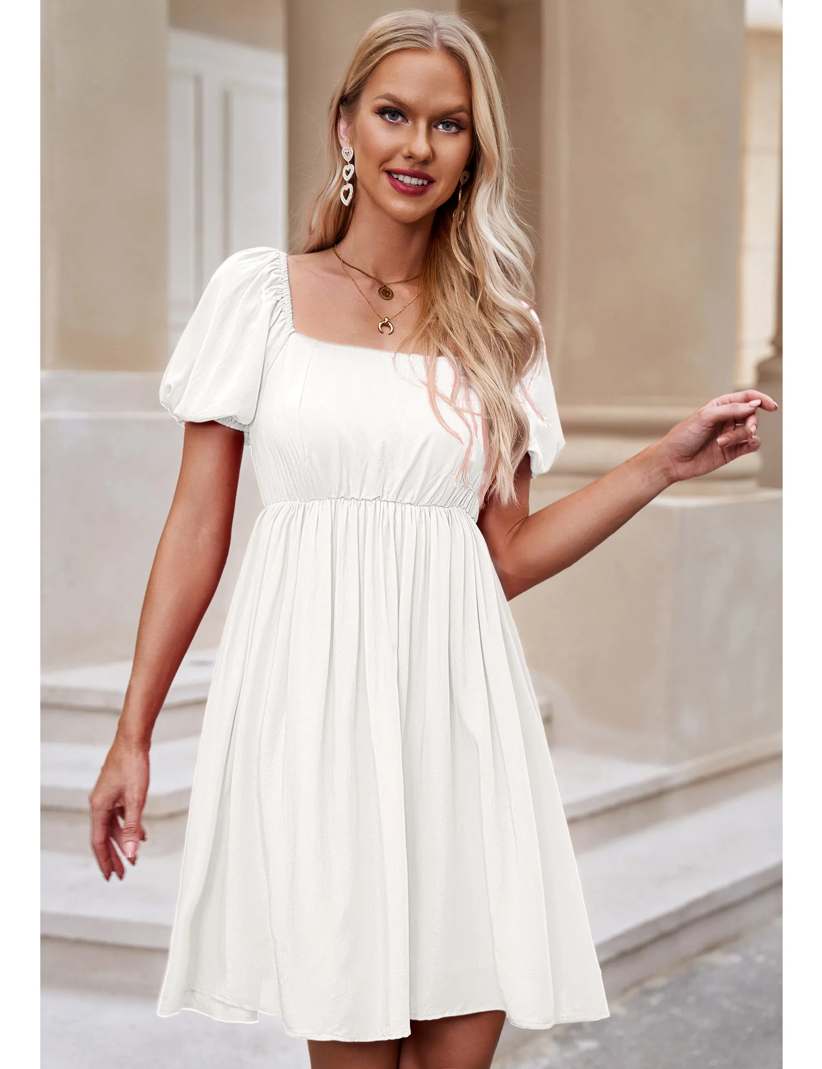 luvamia Summer Dresses for Women Square Neck Off The Shoulder Puff Sleeve A-line Short Flowy Babydoll Dress