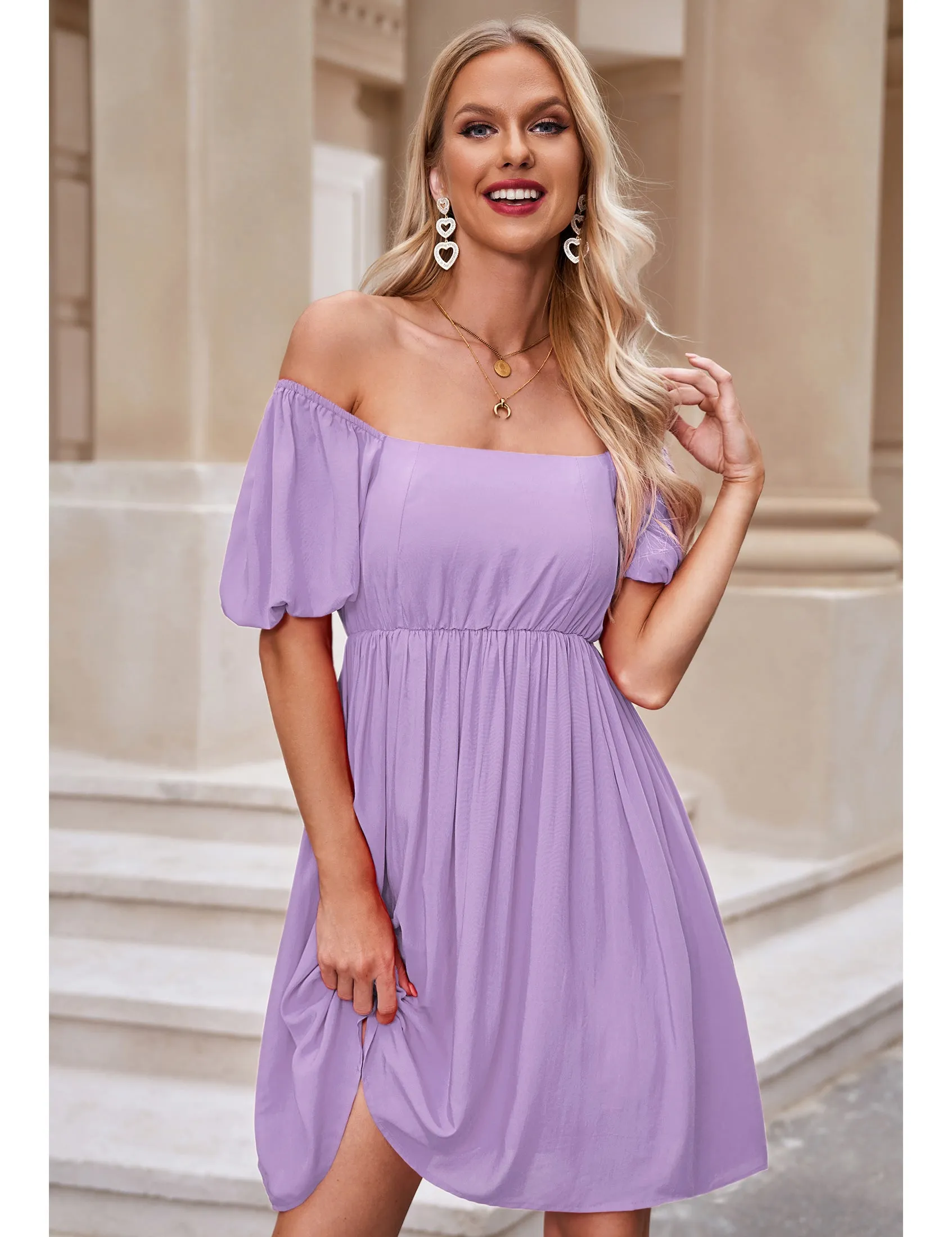 luvamia Summer Dresses for Women Square Neck Off The Shoulder Puff Sleeve A-line Short Flowy Babydoll Dress