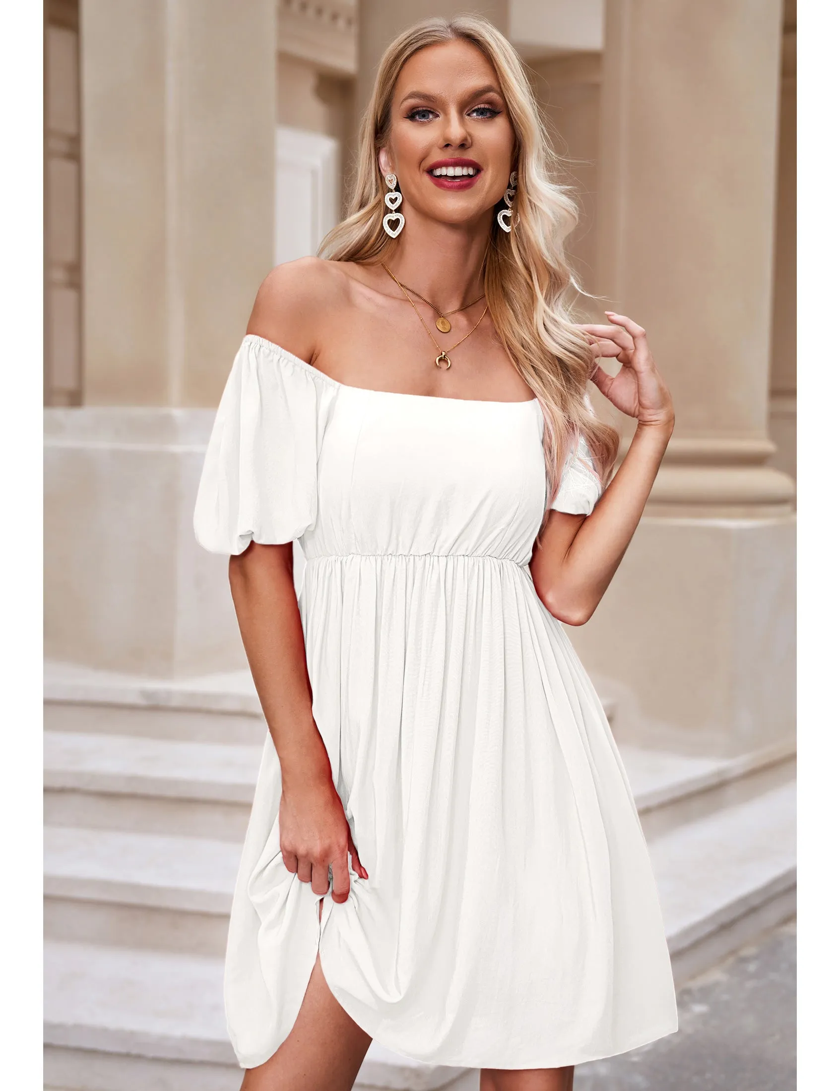 luvamia Summer Dresses for Women Square Neck Off The Shoulder Puff Sleeve A-line Short Flowy Babydoll Dress