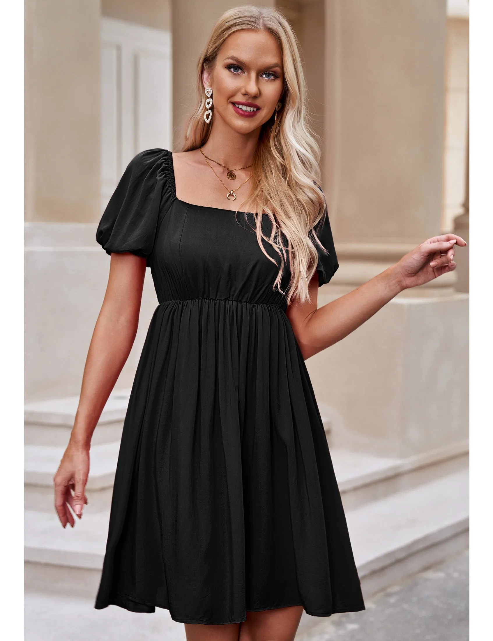 luvamia Summer Dresses for Women Square Neck Off The Shoulder Puff Sleeve A-line Short Flowy Babydoll Dress