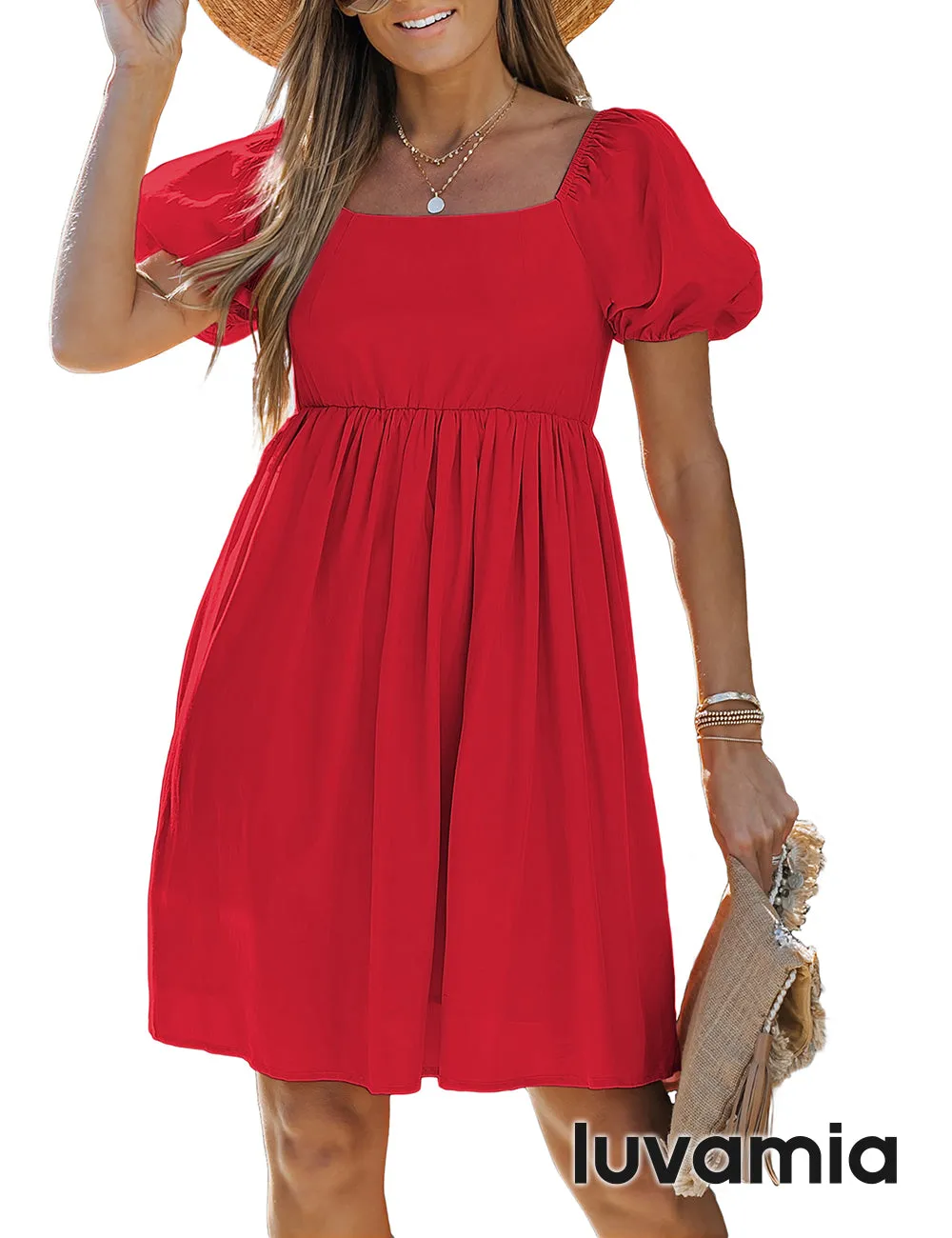 luvamia Summer Dresses for Women Square Neck Off The Shoulder Puff Sleeve A-line Short Flowy Babydoll Dress