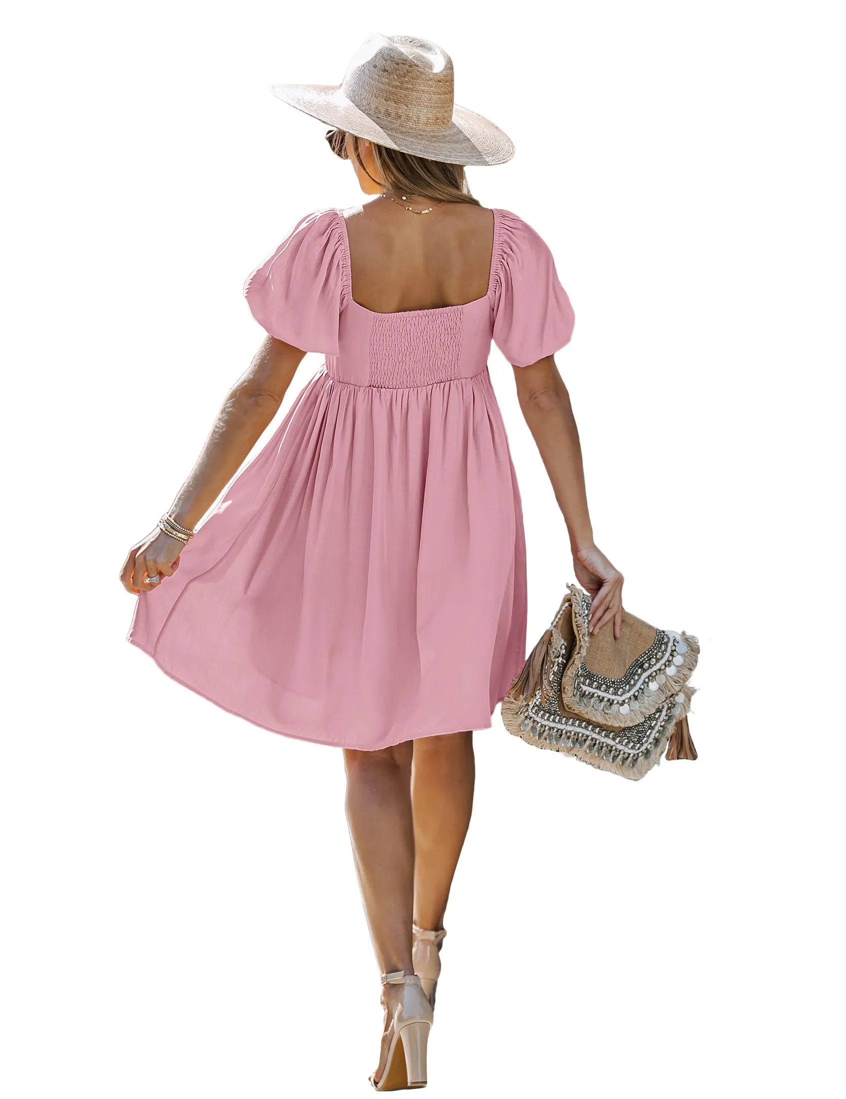 luvamia Summer Dresses for Women Square Neck Off The Shoulder Puff Sleeve A-line Short Flowy Babydoll Dress