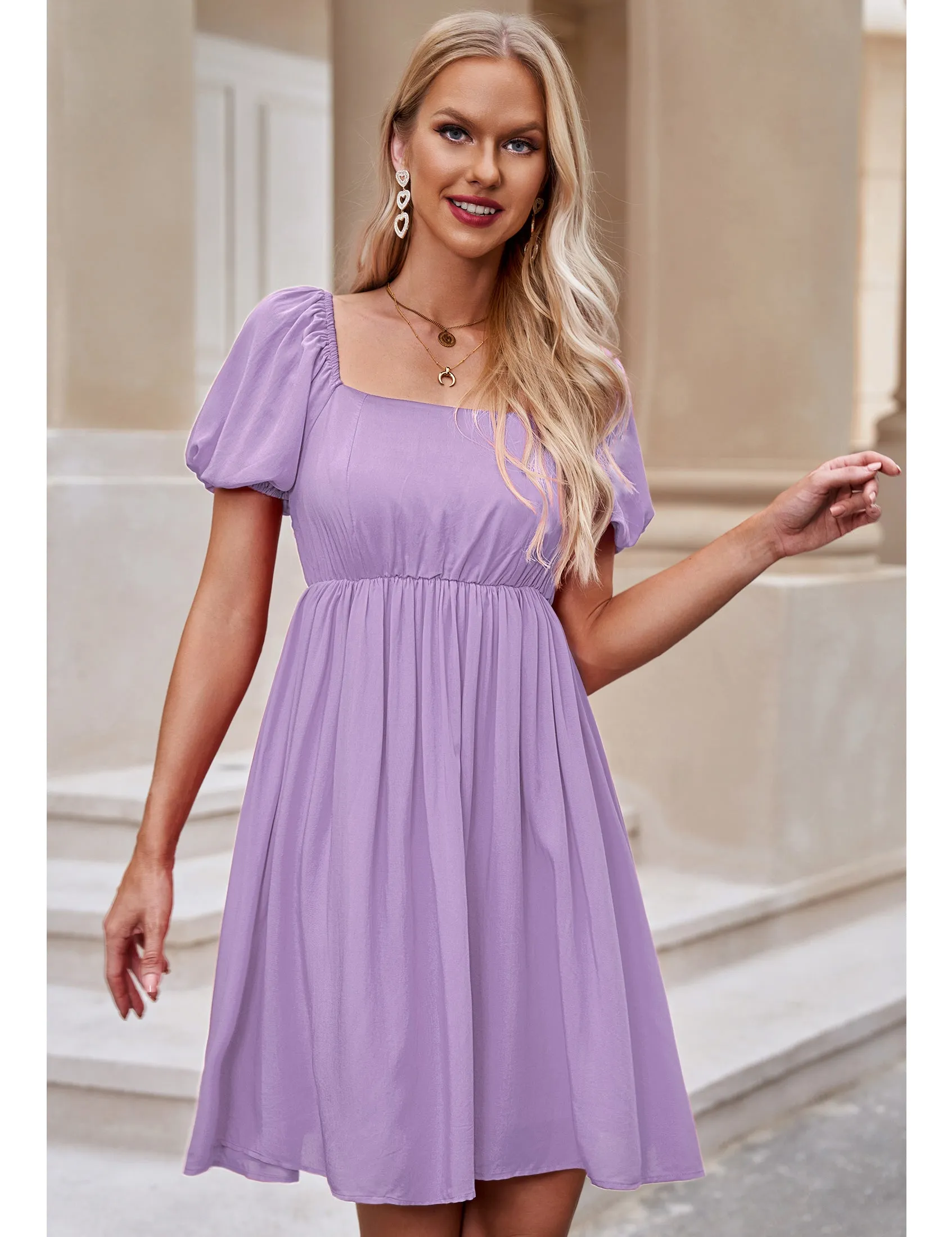 luvamia Summer Dresses for Women Square Neck Off The Shoulder Puff Sleeve A-line Short Flowy Babydoll Dress