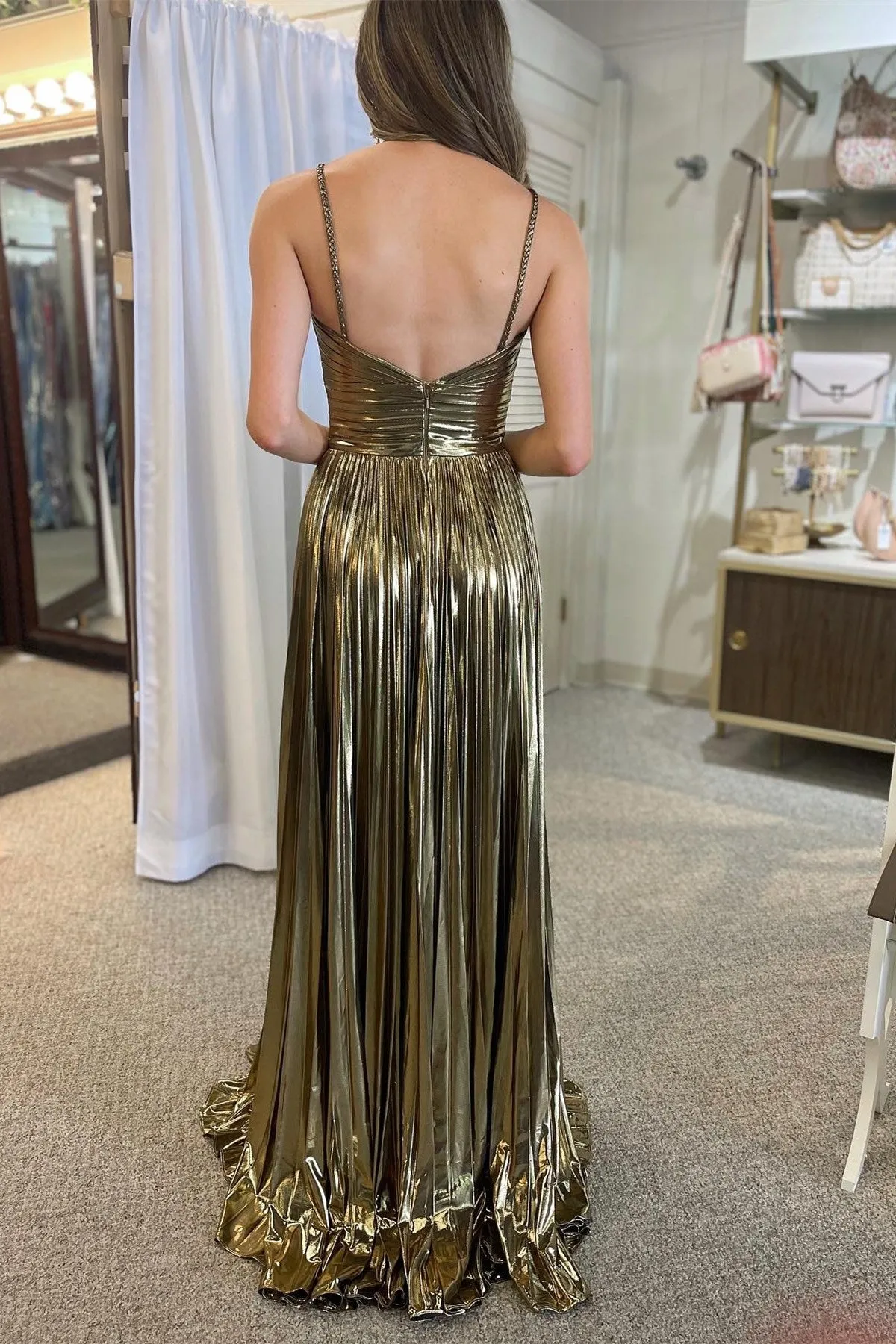 Madalyn| Metallic Keyhole Spaghetti Strap Long Prom Dress with Slit