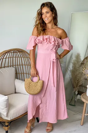 Mauve Off Shoulder Wrap Dress