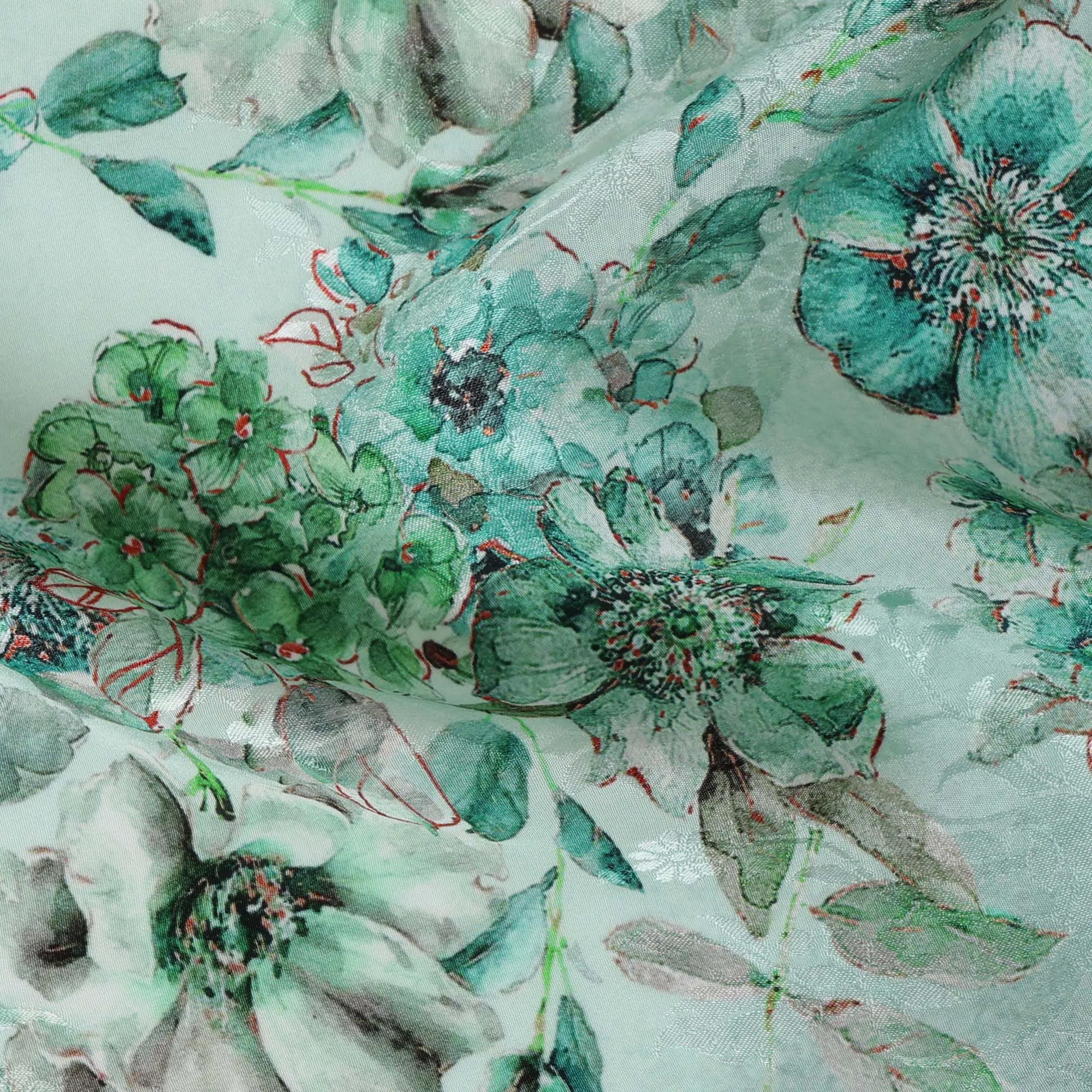 Mint Green Viscose Crepe Printed Fabric with Green Floral Design, 110 cm Width-D20464