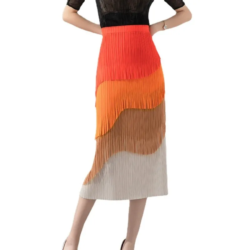 Miyake Pleated Color Block Tassel Layered Skirt