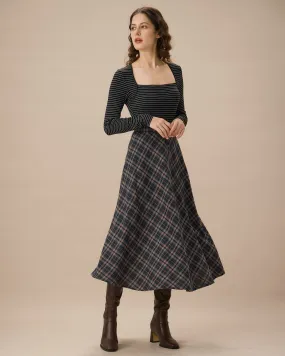 Navy Plaid Flared Midi Skirt