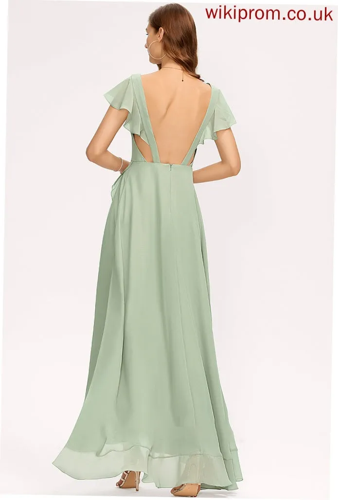 Neckline CascadingRuffles Embellishment Length Asymmetrical Silhouette V-neck Fabric A-Line Milagros Bridesmaid Dresses