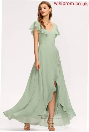 Neckline CascadingRuffles Embellishment Length Asymmetrical Silhouette V-neck Fabric A-Line Milagros Bridesmaid Dresses