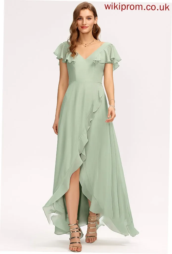 Neckline CascadingRuffles Embellishment Length Asymmetrical Silhouette V-neck Fabric A-Line Milagros Bridesmaid Dresses