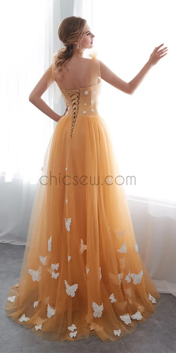 Newest Orange Round Neck  Unique Design Custom Lace Applique  Long Prom Dresses LMX1147