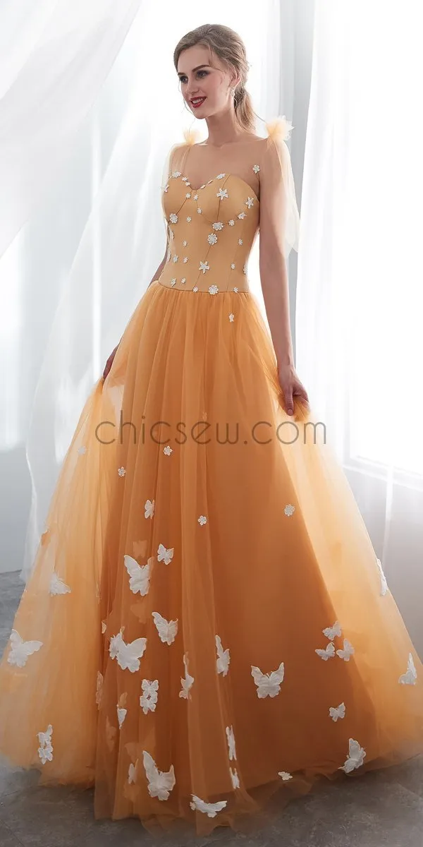 Newest Orange Round Neck  Unique Design Custom Lace Applique  Long Prom Dresses LMX1147