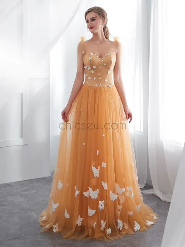 Newest Orange Round Neck  Unique Design Custom Lace Applique  Long Prom Dresses LMX1147