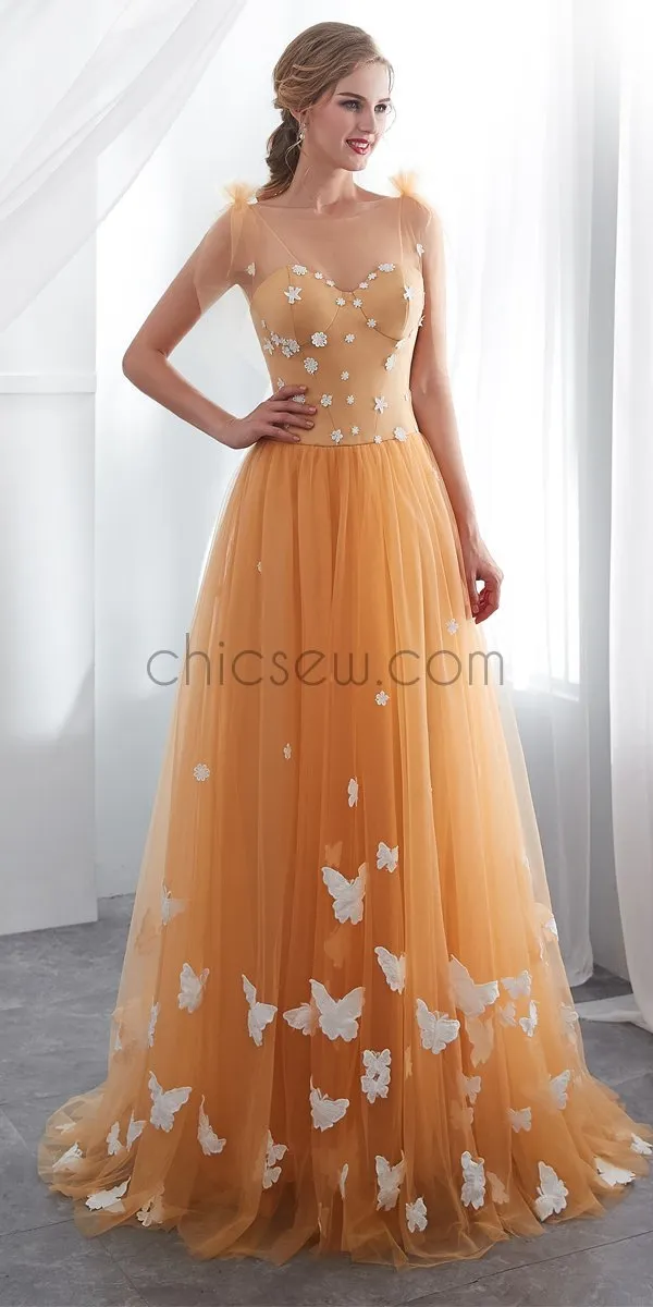 Newest Orange Round Neck  Unique Design Custom Lace Applique  Long Prom Dresses LMX1147