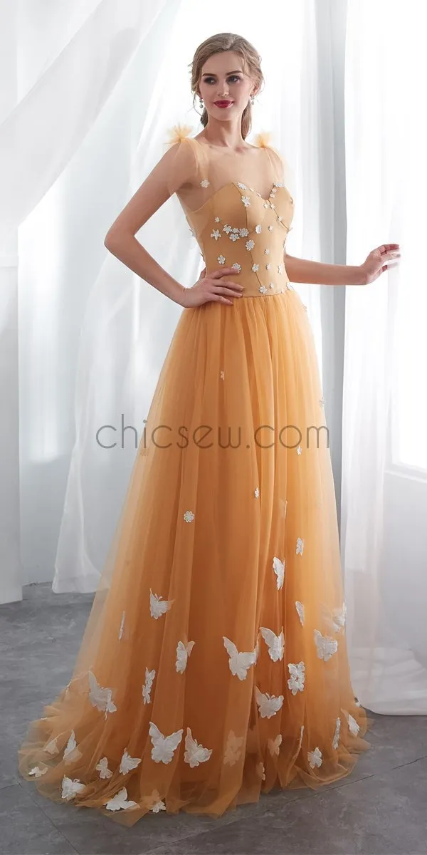 Newest Orange Round Neck  Unique Design Custom Lace Applique  Long Prom Dresses LMX1147