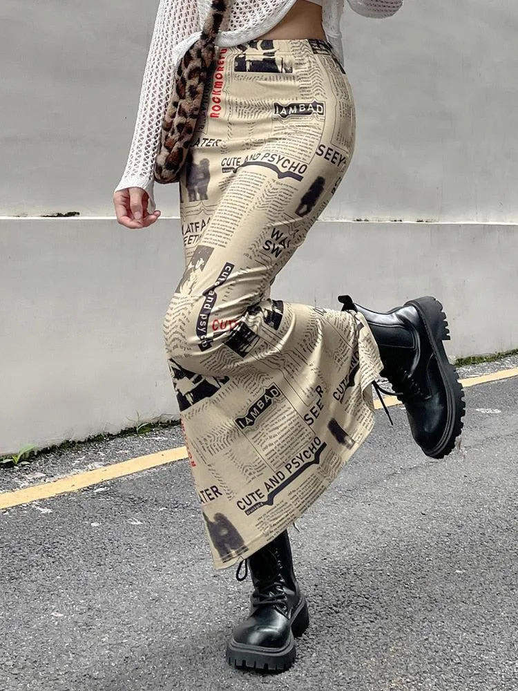 Newspaper Printed Maxi Skirt