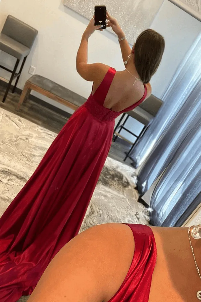 Novah | Burgundy V Neck Lace Long Prom Evening Dress with High Slit