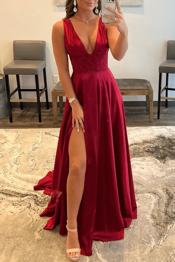 Novah | Burgundy V Neck Lace Long Prom Evening Dress with High Slit