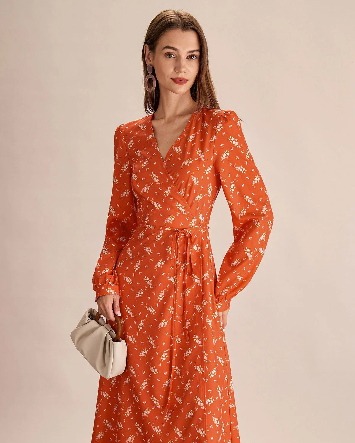 Orange Floral Wrap Midi Dress