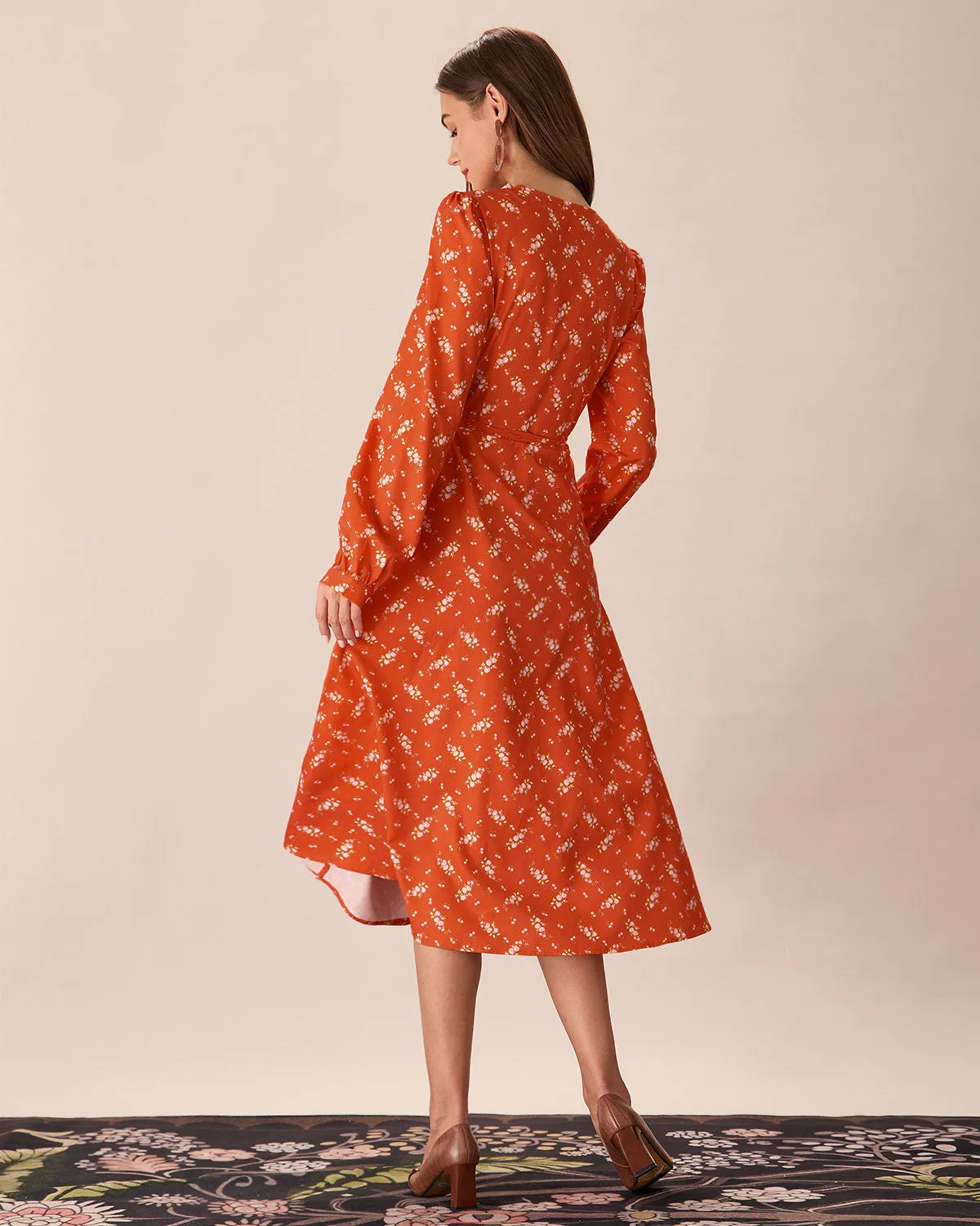 Orange Floral Wrap Midi Dress