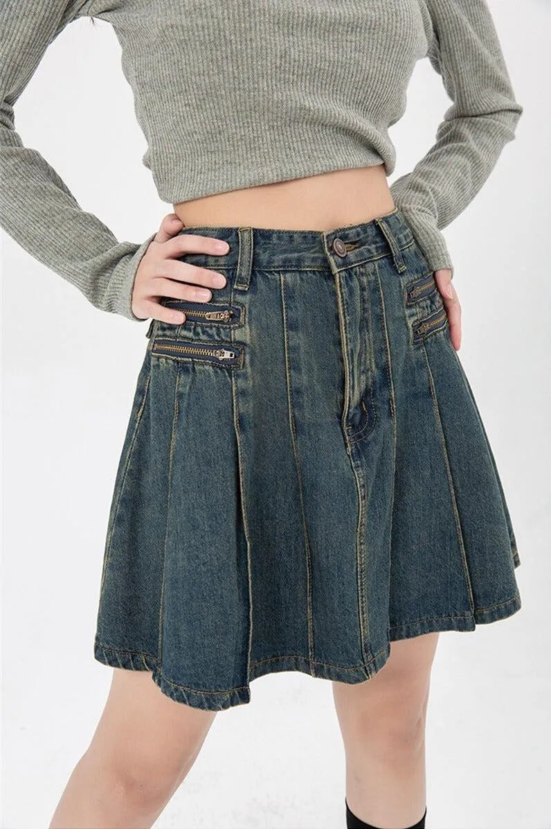 Pleated Denim Mini Skirt