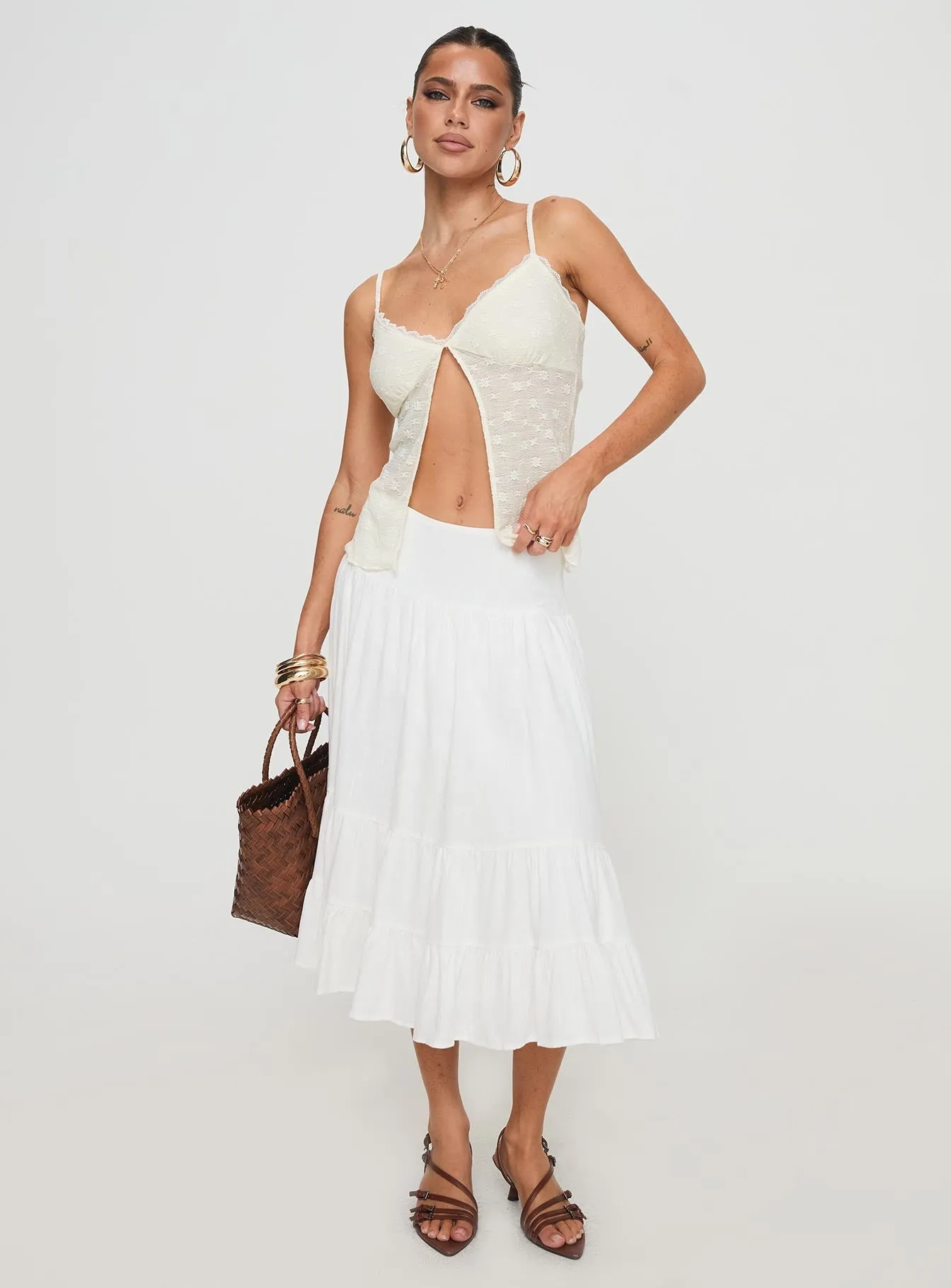 Prophecy Tiered Midi Skirt White