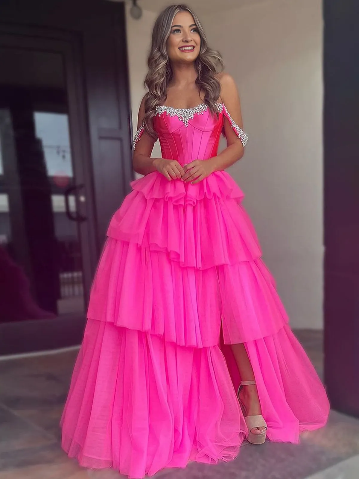 Robenia | A Line Off the Shoulder Hot Pink Tulle Long Prom Dresses with Beading