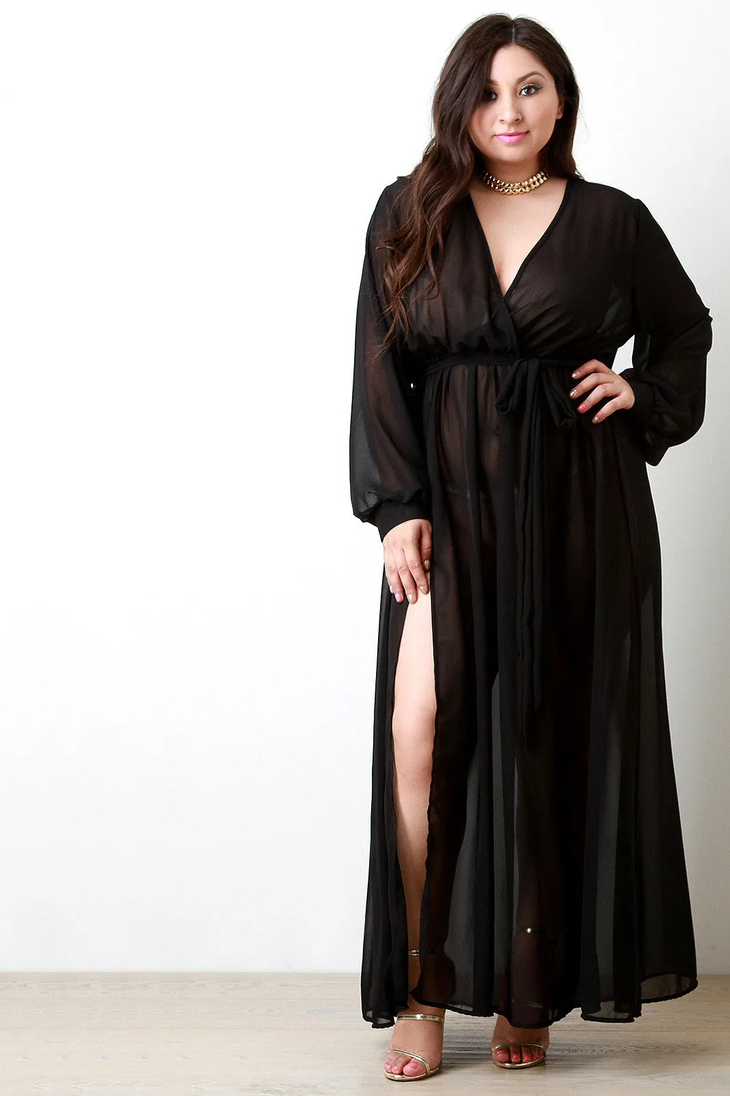 Sheer Chiffon Surplice Wrap Slit Maxi Dress