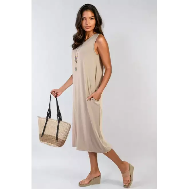 Sleeveless Slit Midi Dress with Side Pockets