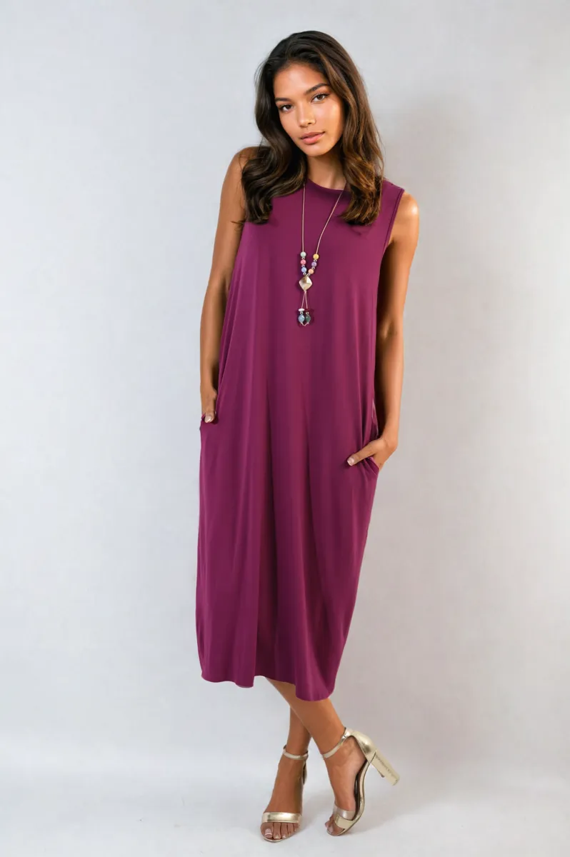 Sleeveless Slit Midi Dress with Side Pockets