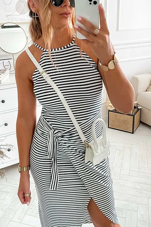 Striped Wrap Tie Asymmetric Halter Midi Dress