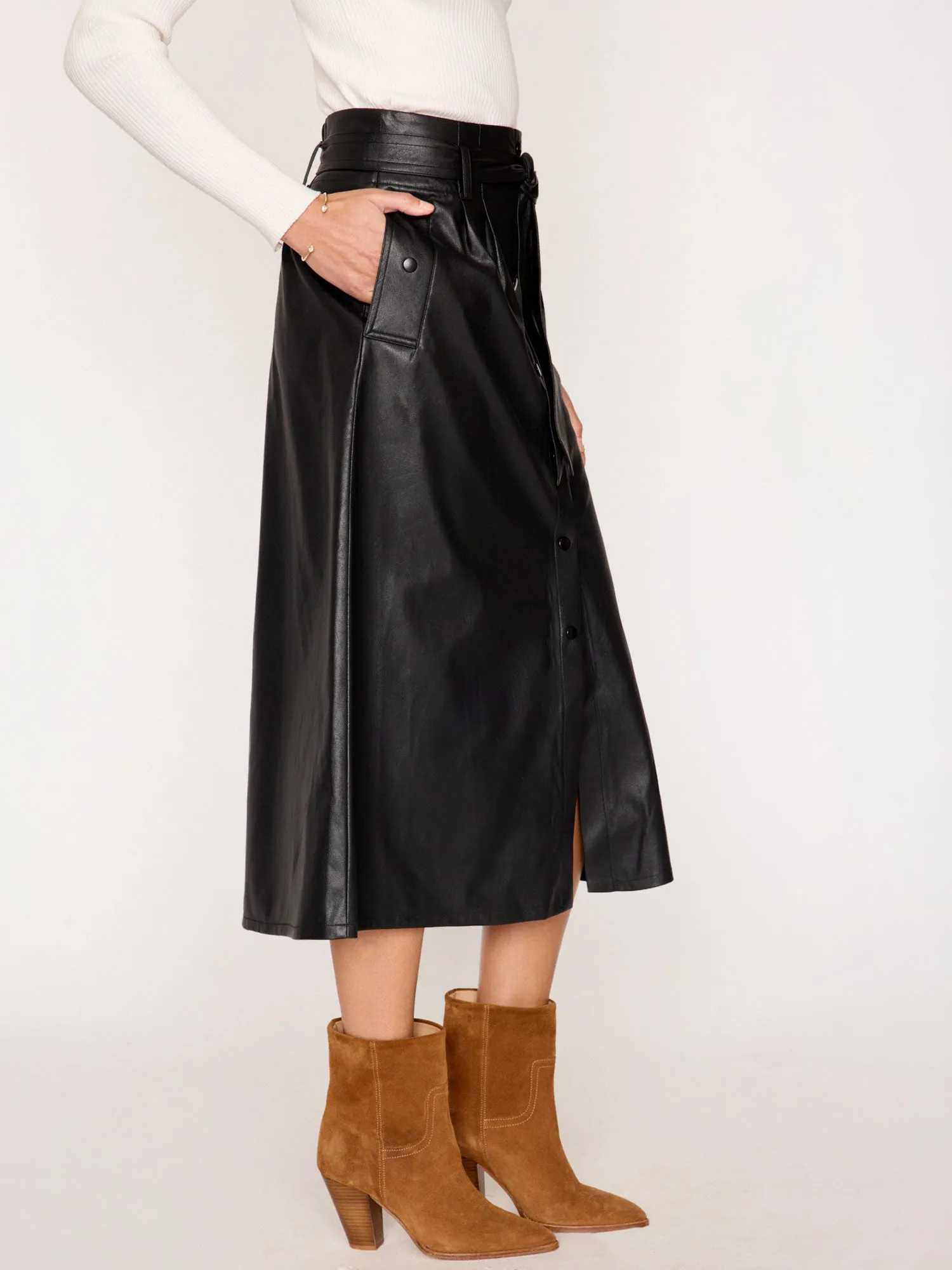 The Teagan Vegan Leather Belted Skirt