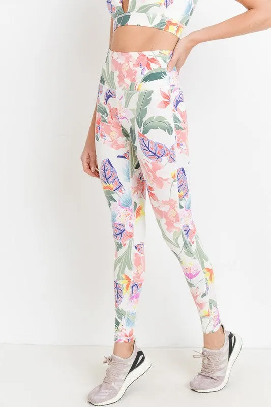 Tropical Print Activewear Leggings - Ivory