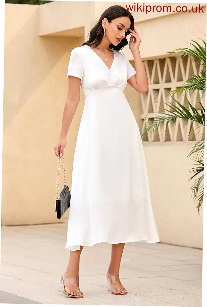 V-Neck Short Sleeves Midi Elegant Dresses Natalia Club Dresses A-line Satin